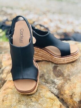 Corkys Black Leather Slingback Wedge Sandals with Espadrille Platform